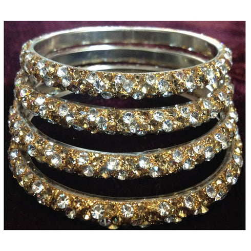 Three Line Stoned Studded Lac Bangles - Golden White